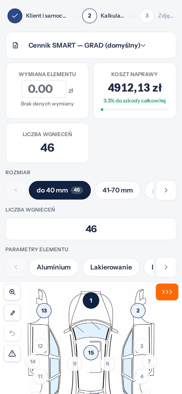 Ocena techniczna szkody gradowej na telefonie — mapa karoserii